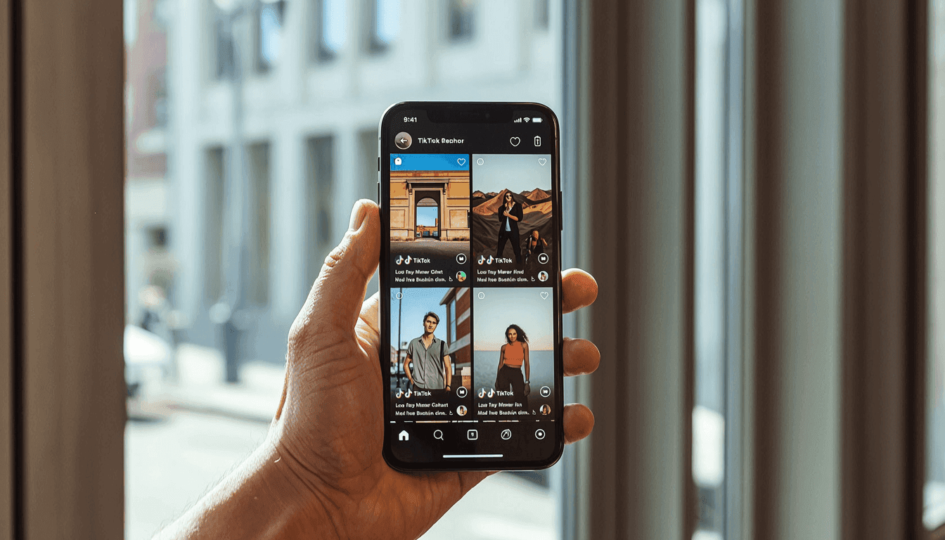 a smartphone held in a hand showing a TikTok feed mid-scroll with multiple video thumbnails visible, bright lighting, sharp focus on the screen
